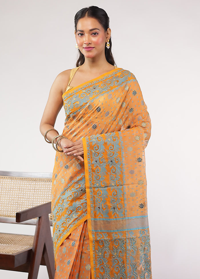 Rust Khadi Cotton Saree With Blouse Piece