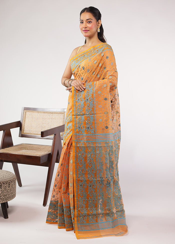 Rust Khadi Cotton Saree With Blouse Piece