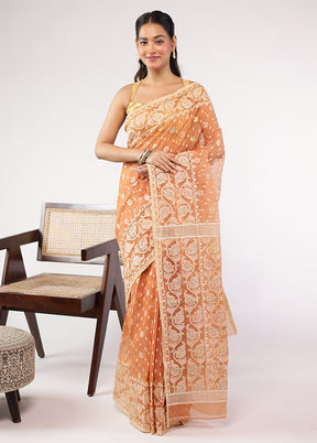 Rust Khadi Cotton Saree With Blouse Piece