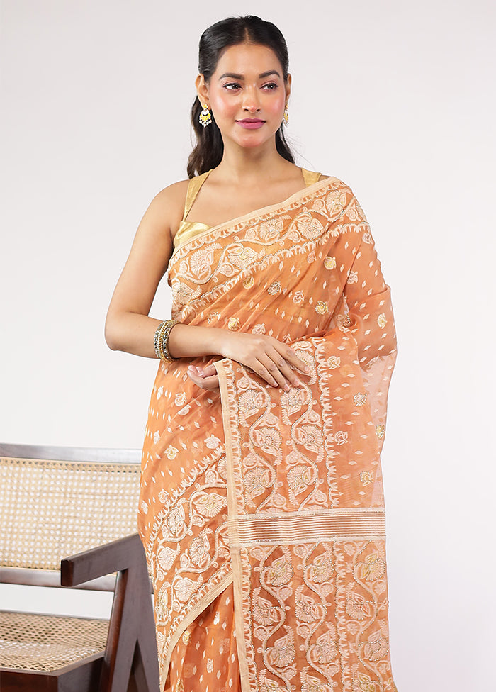 Rust Khadi Cotton Saree With Blouse Piece