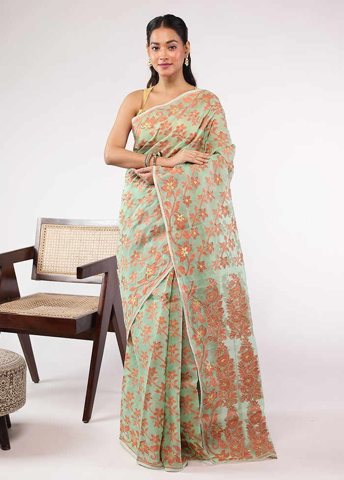 Green Khadi Cotton Saree With Blouse Piece