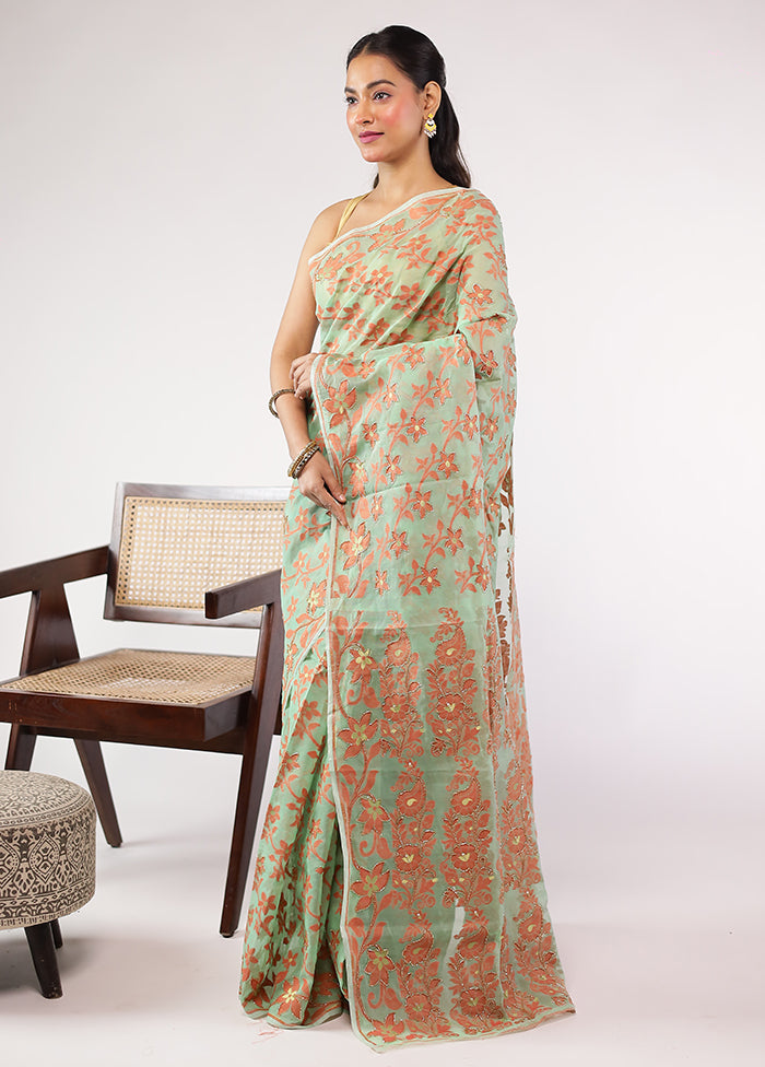 Green Khadi Cotton Saree With Blouse Piece