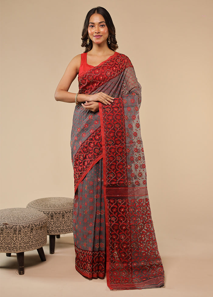Grey Khadi Cotton Saree With Blouse Piece