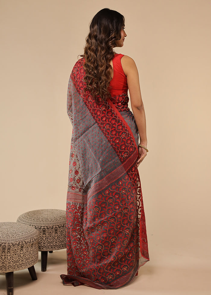 Grey Khadi Cotton Saree With Blouse Piece