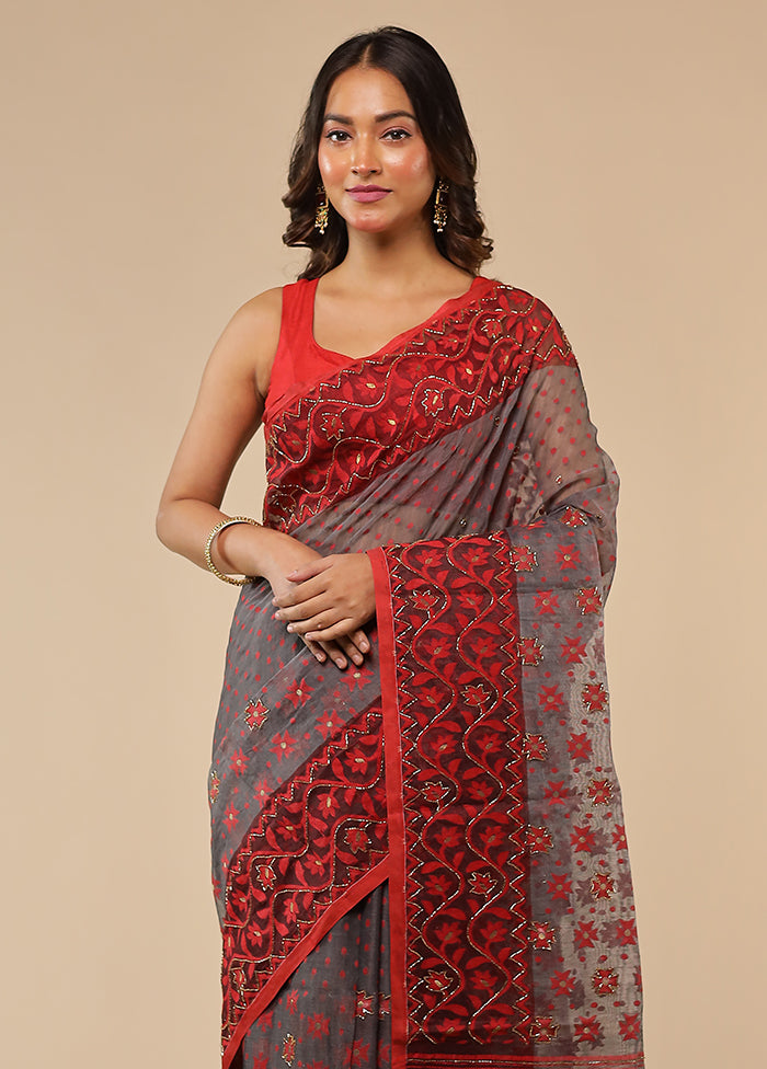 Grey Khadi Cotton Saree With Blouse Piece