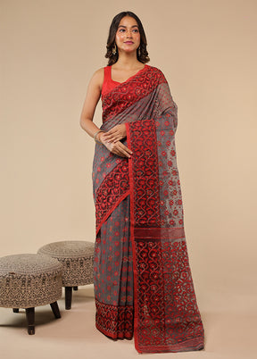 Grey Khadi Cotton Saree With Blouse Piece
