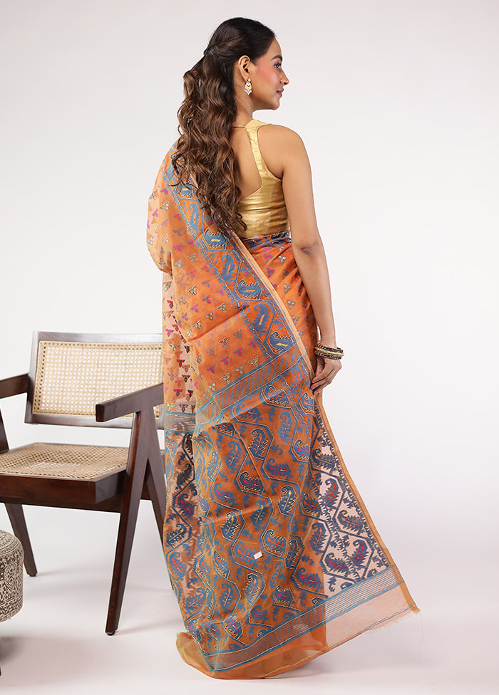 Rust Khadi Cotton Saree With Blouse Piece