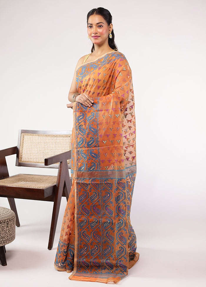 Rust Khadi Cotton Saree With Blouse Piece