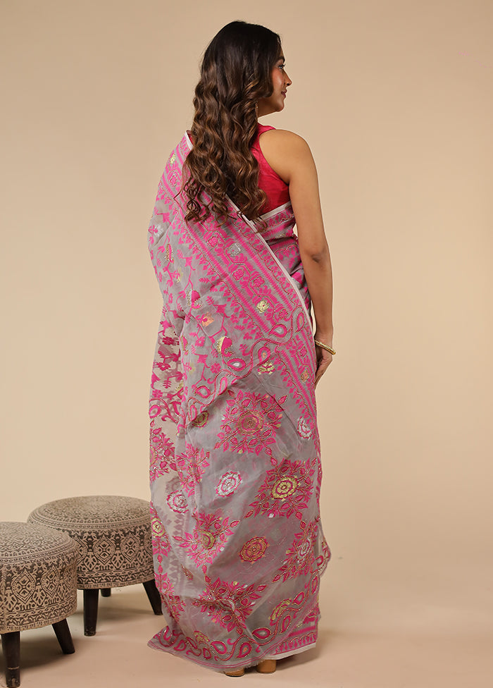 Grey Khadi Cotton Saree With Blouse Piece