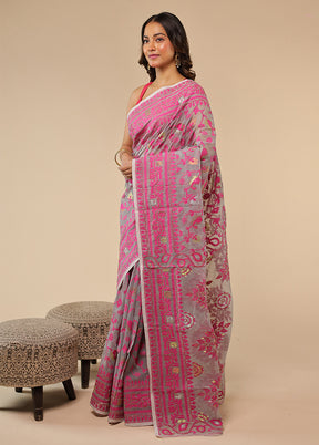 Grey Khadi Cotton Saree With Blouse Piece
