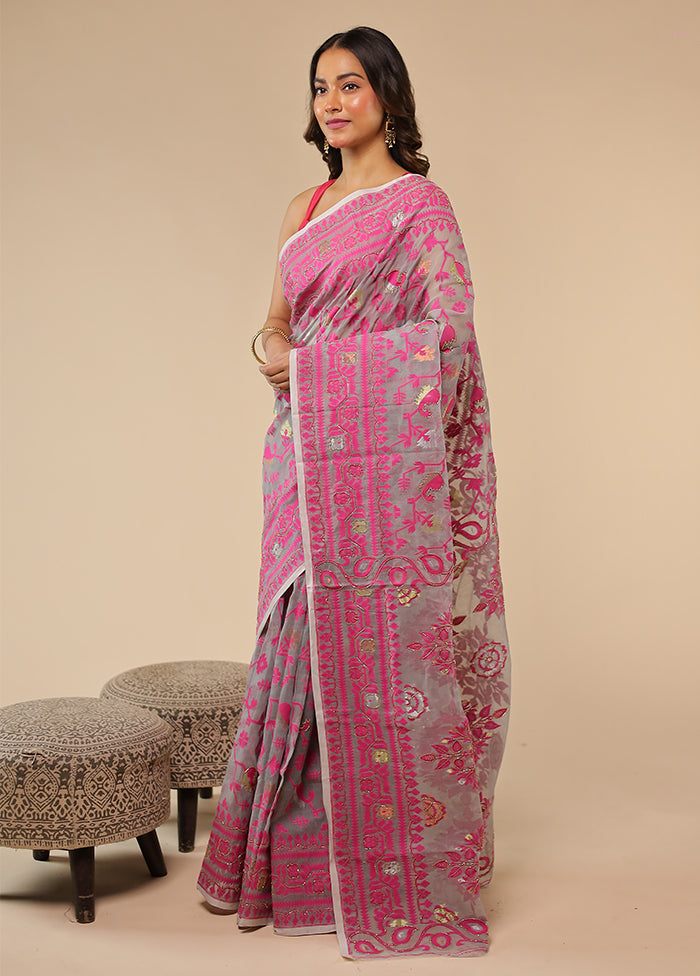 Grey Khadi Cotton Saree With Blouse Piece