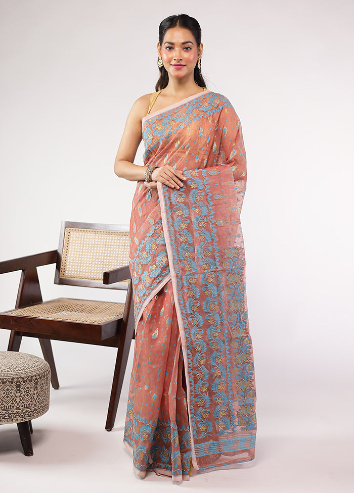 Pink Khadi Cotton Saree With Blouse Piece