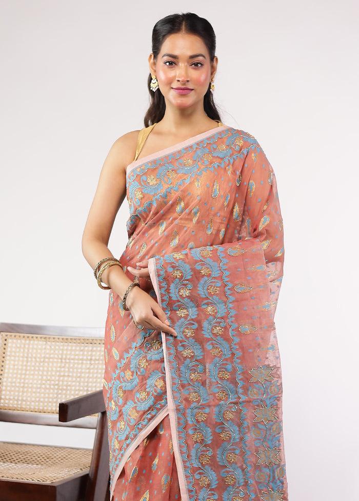 Pink Khadi Cotton Saree With Blouse Piece