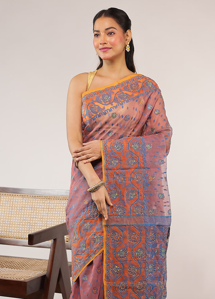 Pink Khadi Cotton Saree With Blouse Piece