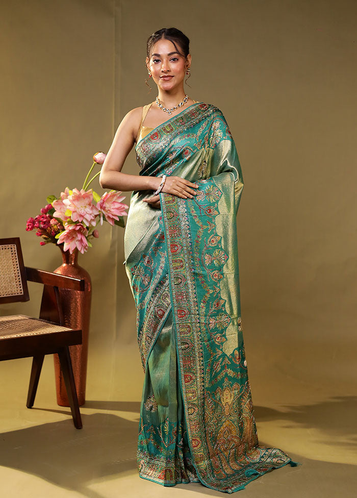Green Handloom Pure Georgette Saree With Blouse Piece