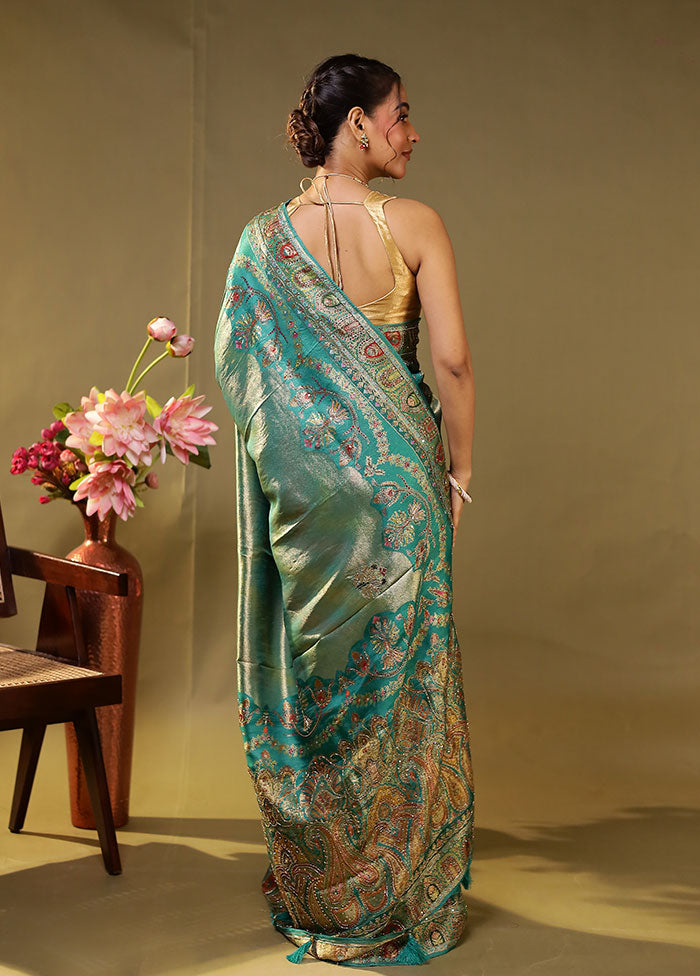 Green Handloom Pure Georgette Saree With Blouse Piece
