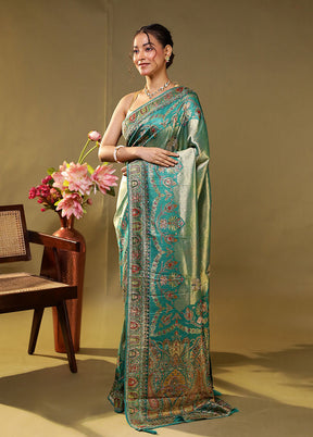 Green Handloom Pure Georgette Saree With Blouse Piece