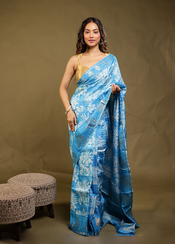Blue Dupion Silk Saree With Blouse Piece