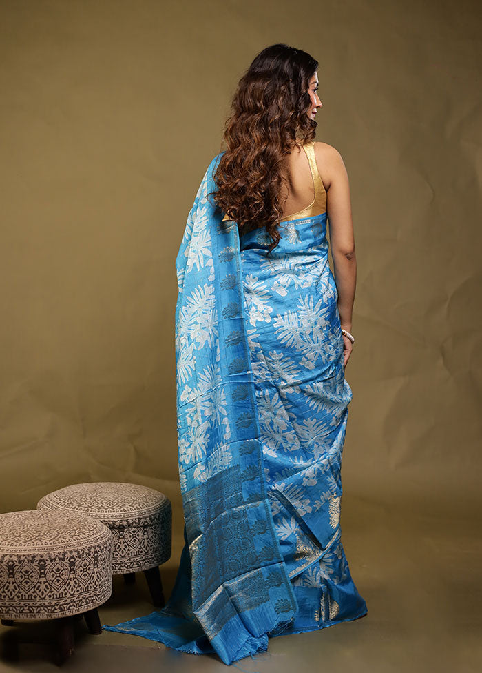 Blue Dupion Silk Saree With Blouse Piece