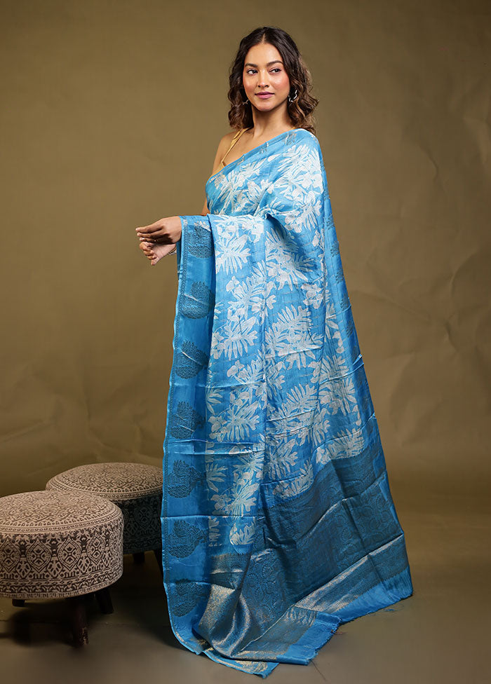 Blue Dupion Silk Saree With Blouse Piece