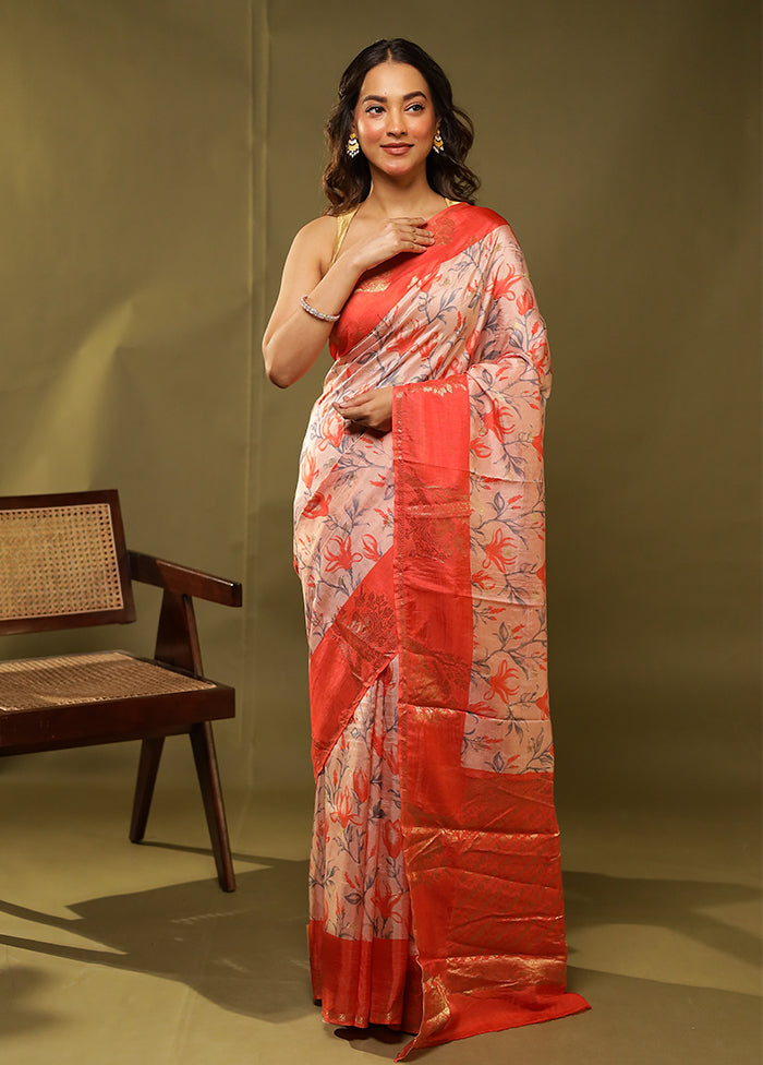 Peach Dupion Silk Saree With Blouse Piece