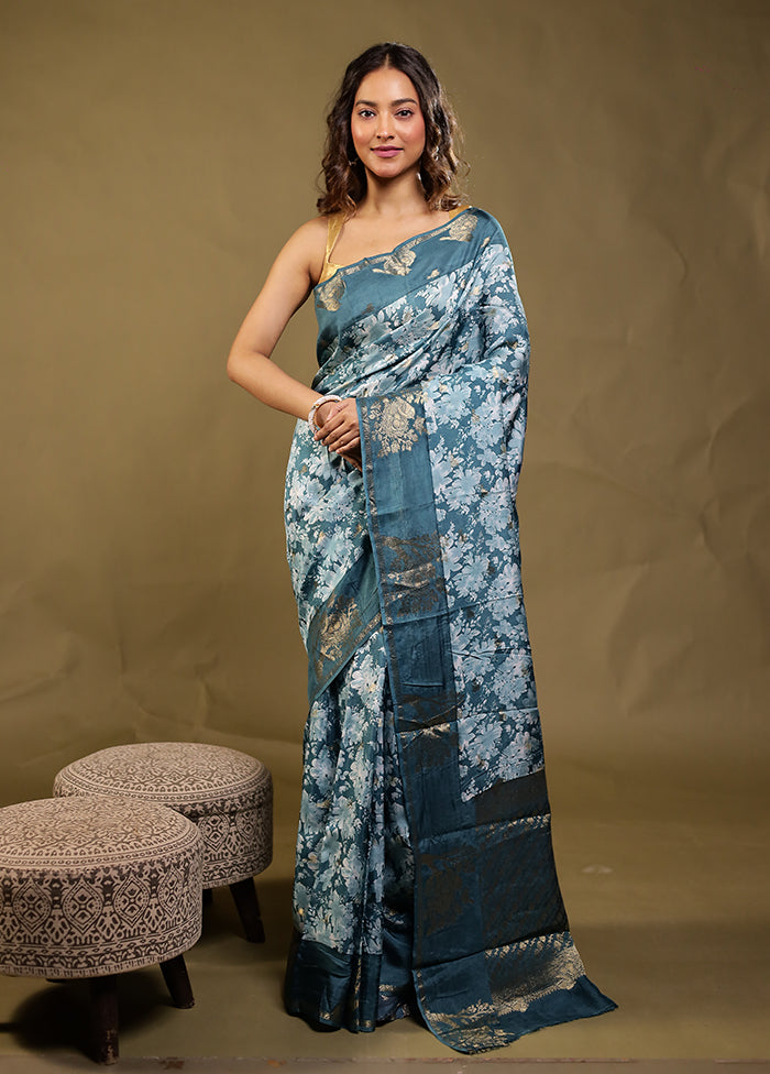 Blue Dupion Silk Saree With Blouse Piece