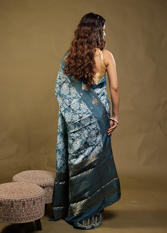Blue Dupion Silk Saree With Blouse Piece