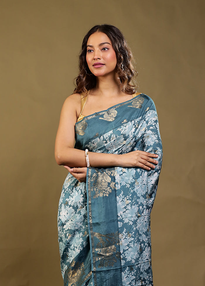Blue Dupion Silk Saree With Blouse Piece