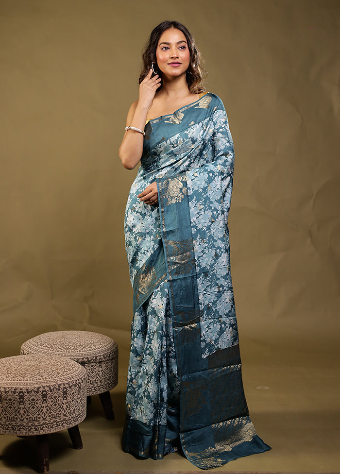 Blue Dupion Silk Saree With Blouse Piece