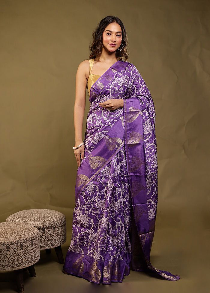 Purple Chanderi Silk Saree With Blouse Piece