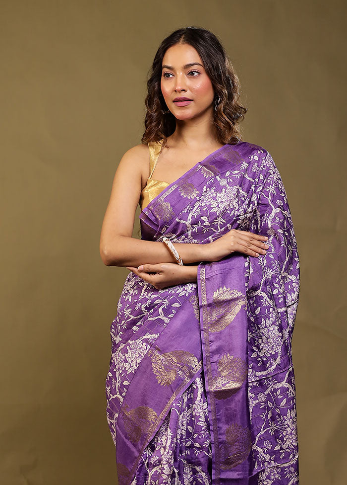Purple Chanderi Silk Saree With Blouse Piece
