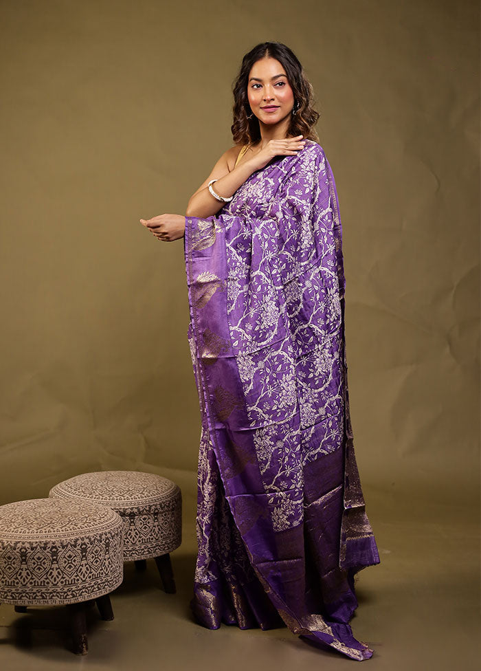 Purple Chanderi Silk Saree With Blouse Piece