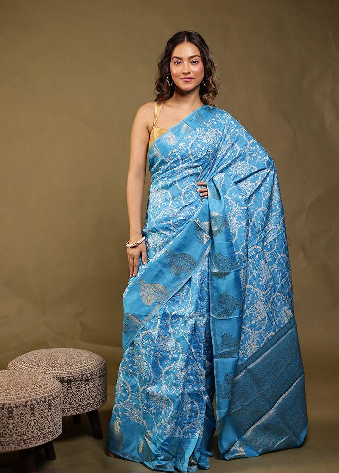 Blue Chanderi Silk Saree With Blouse Piece