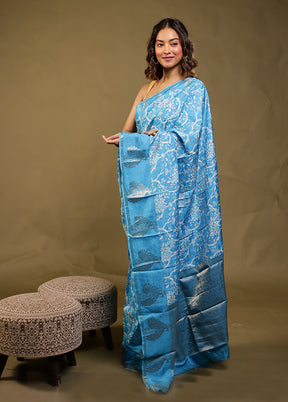 Blue Chanderi Silk Saree With Blouse Piece