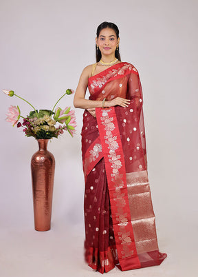 Maroon Organza Saree With Blouse Piece