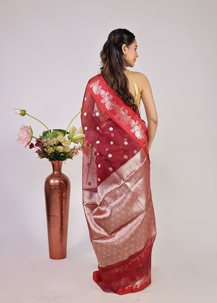 Maroon Organza Saree With Blouse Piece
