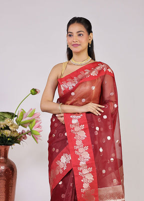 Maroon Organza Saree With Blouse Piece