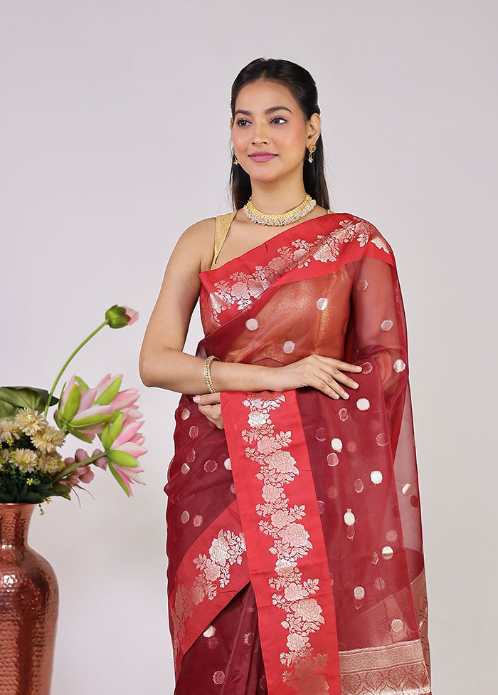 Maroon Organza Saree With Blouse Piece