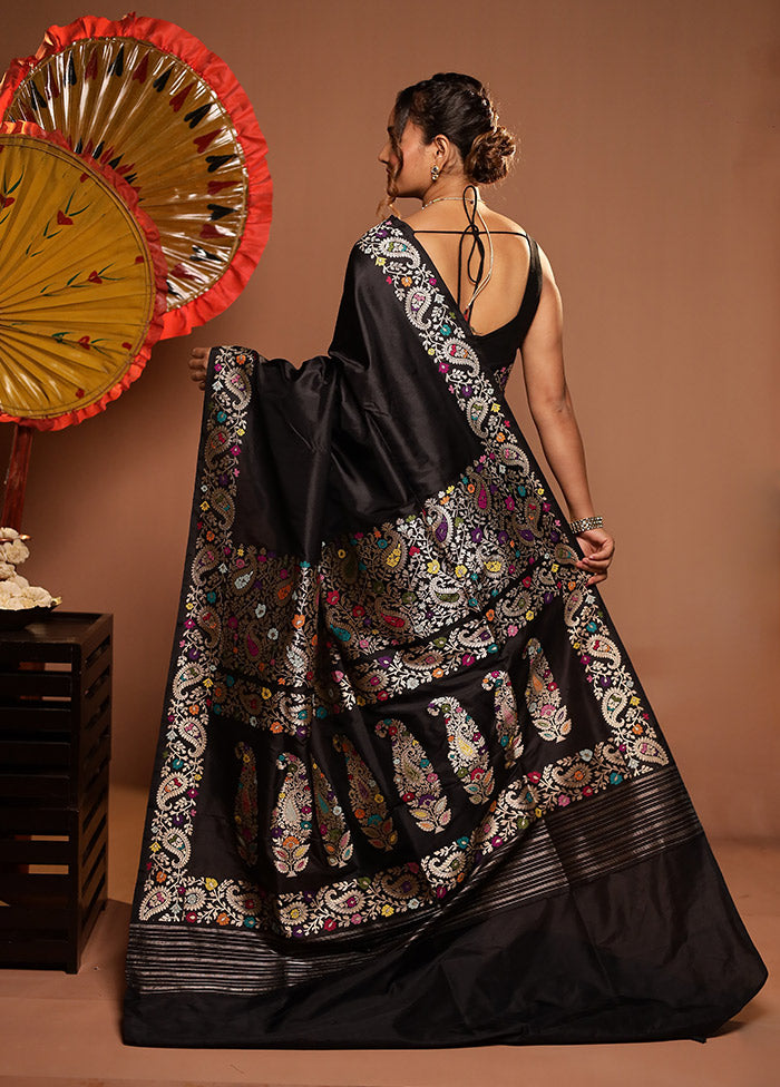 Black Handloom Katan Pure Silk Saree With Blouse Piece