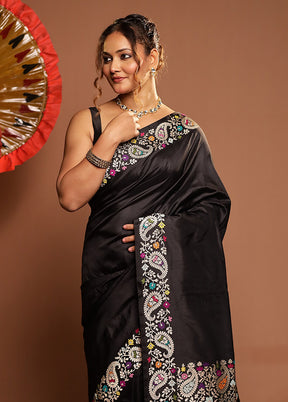 Black Handloom Katan Pure Silk Saree With Blouse Piece