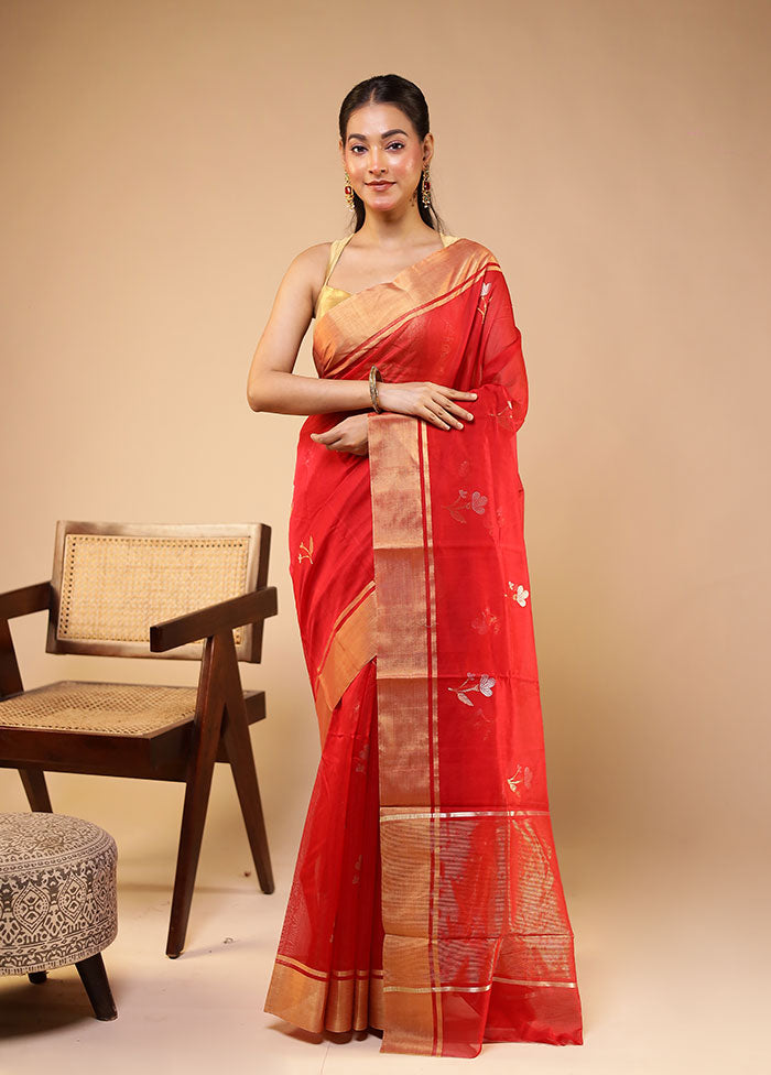 Red Handloom Chanderi Pure Silk Saree With Blouse Piece