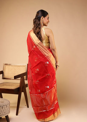 Red Handloom Chanderi Pure Silk Saree With Blouse Piece