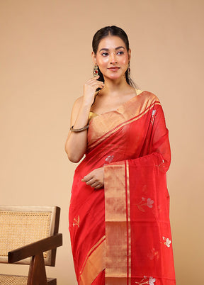 Red Handloom Chanderi Pure Silk Saree With Blouse Piece