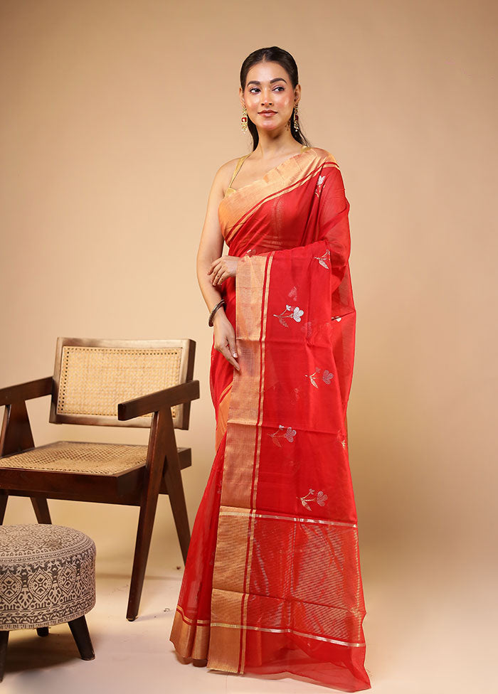 Red Handloom Chanderi Pure Silk Saree With Blouse Piece