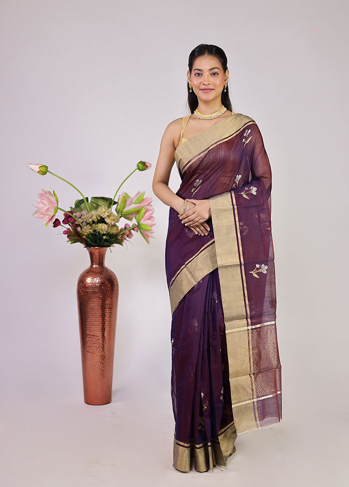 Purple Handloom Chanderi Pure Silk Saree With Blouse Piece