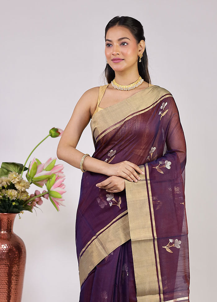 Purple Handloom Chanderi Pure Silk Saree With Blouse Piece