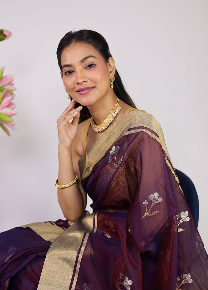 Purple Handloom Chanderi Pure Silk Saree With Blouse Piece