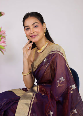 Purple Handloom Chanderi Pure Silk Saree With Blouse Piece