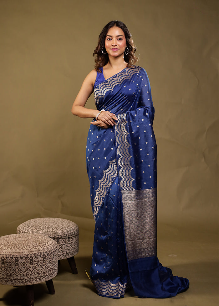 Blue Dupion Silk Saree With Blouse Piece