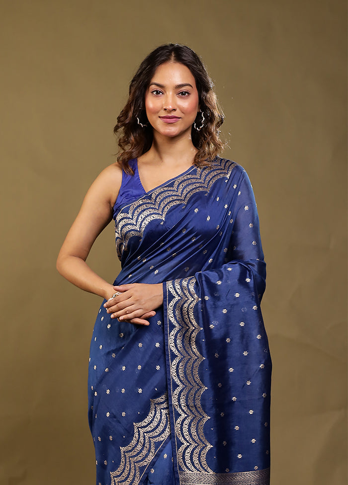 Blue Dupion Silk Saree With Blouse Piece